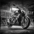 Motorcycle in a garage with tools and tires in the background