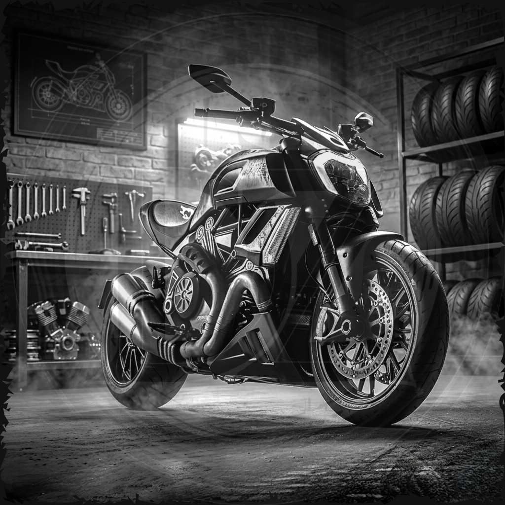 Motorcycle in a garage with tools and tires in the background