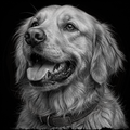 Black and white portrait of a dog with a collar on a dark background