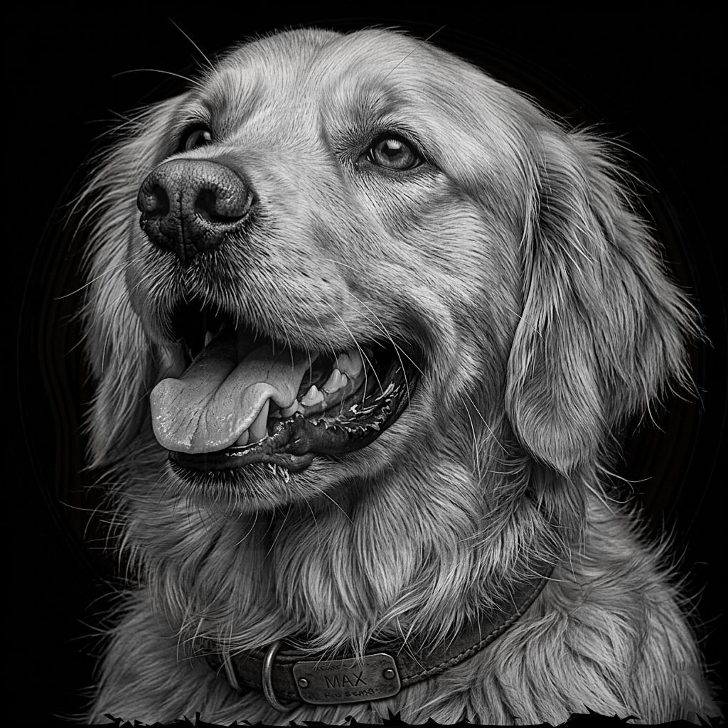 Black and white portrait of a dog with a collar on a dark background