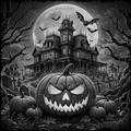 Spooky Halloween scene with a haunted house, jack-o'-lantern, and bats under a full moon.