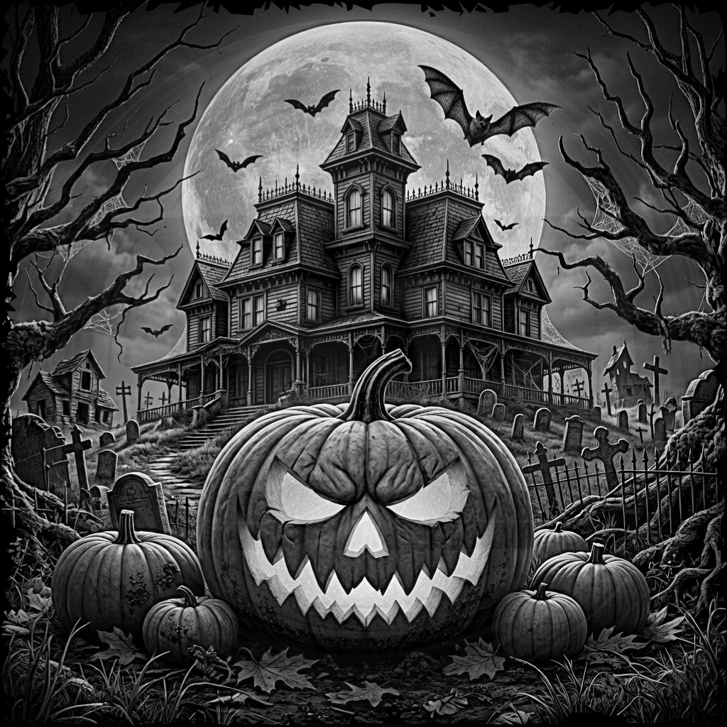 Spooky Halloween scene with a haunted house, jack-o'-lantern, and bats under a full moon.
