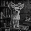 Small dog wearing a bow tie in a vintage setting with books and tools.