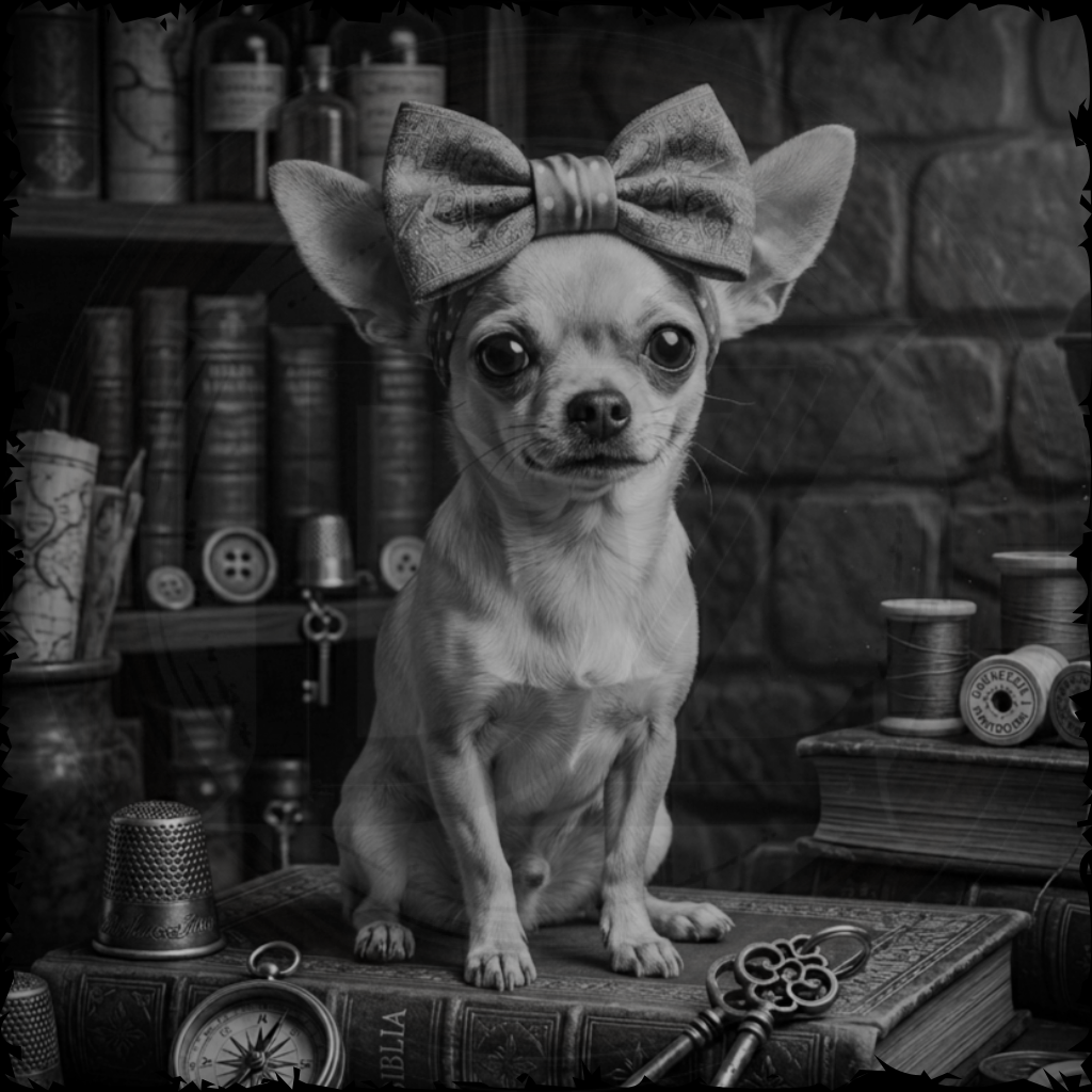Small dog wearing a bow tie in a vintage setting with books and tools.
