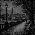 Cityscape with a river, buildings, and people on a bench under a dark sky.