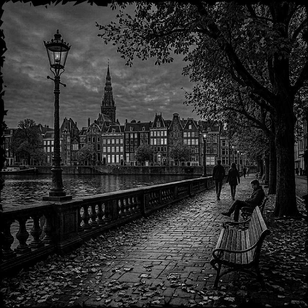 Cityscape with a river, buildings, and people on a bench under a dark sky.