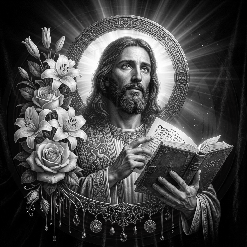 Stylized illustration of a religious figure holding a book with floral elements on a dark background