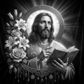 Stylized illustration of a religious figure holding a book with floral elements on a dark background