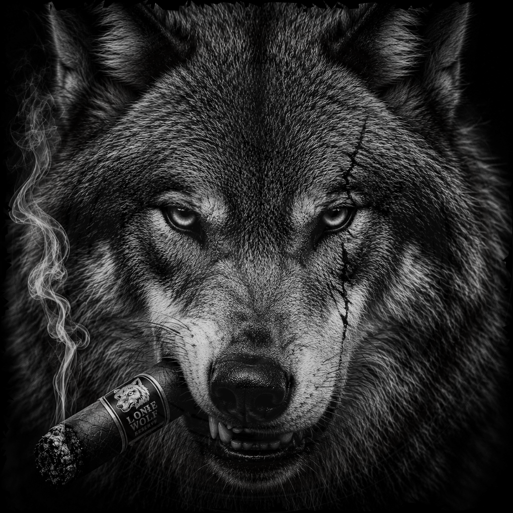 Wolf smoking a cigar with a brand logo, black and white photo