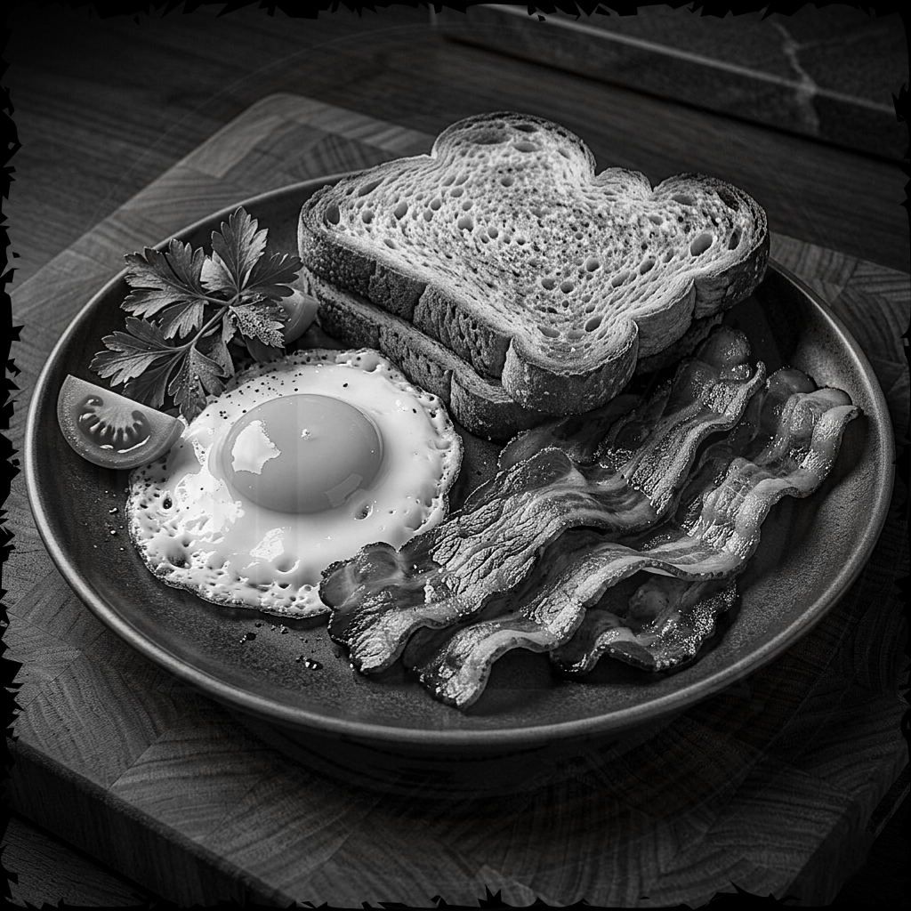 Black and white plate of toast, eggs, and bacon on a wooden surface