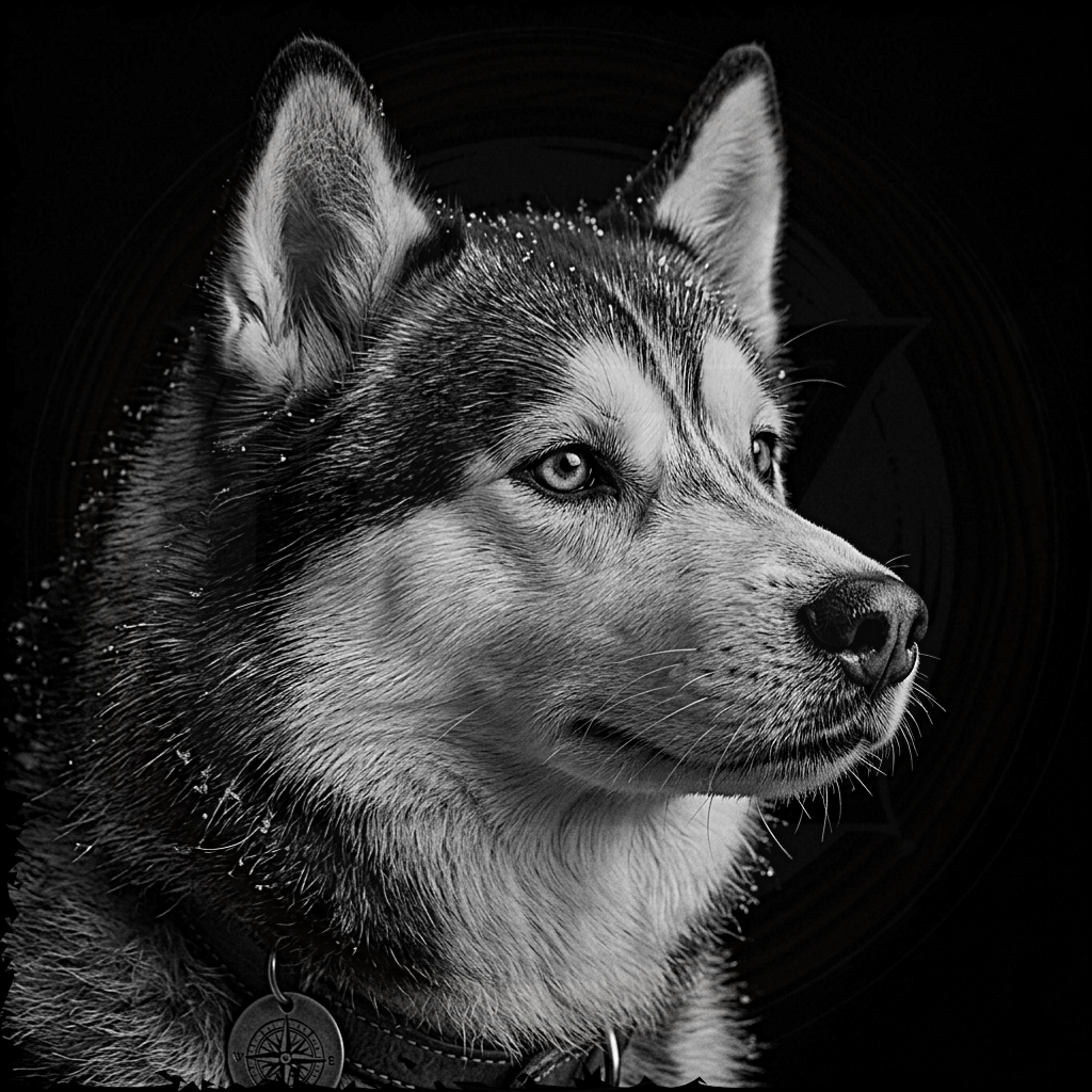 Black and white portrait of a husky dog with a dark background