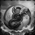Yin and yang symbol with dragons encircling it against a mountainous landscape.