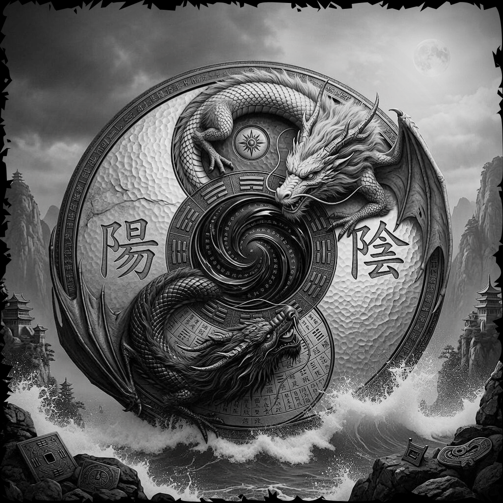 Yin and yang symbol with dragons encircling it against a mountainous landscape.