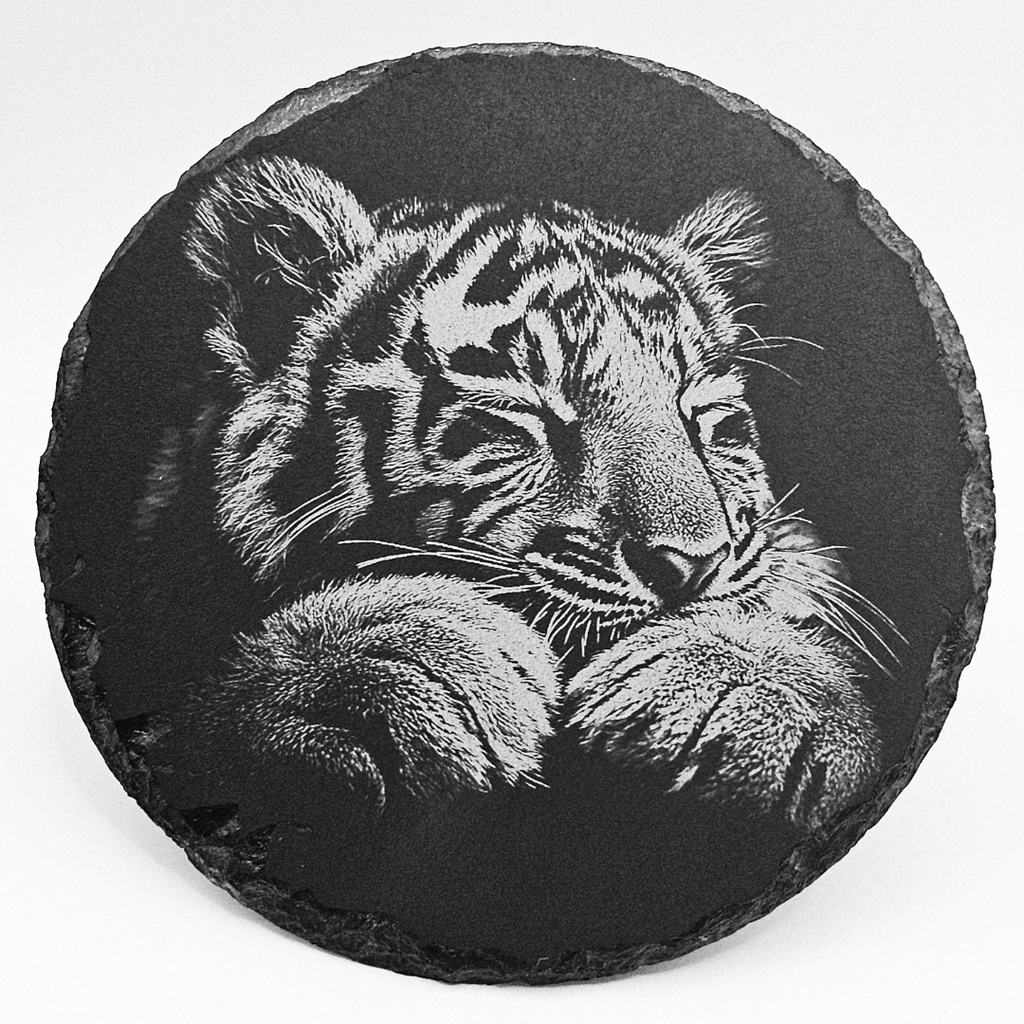 Round slate coaster with a black and white illustration of a tiger cub on a white background