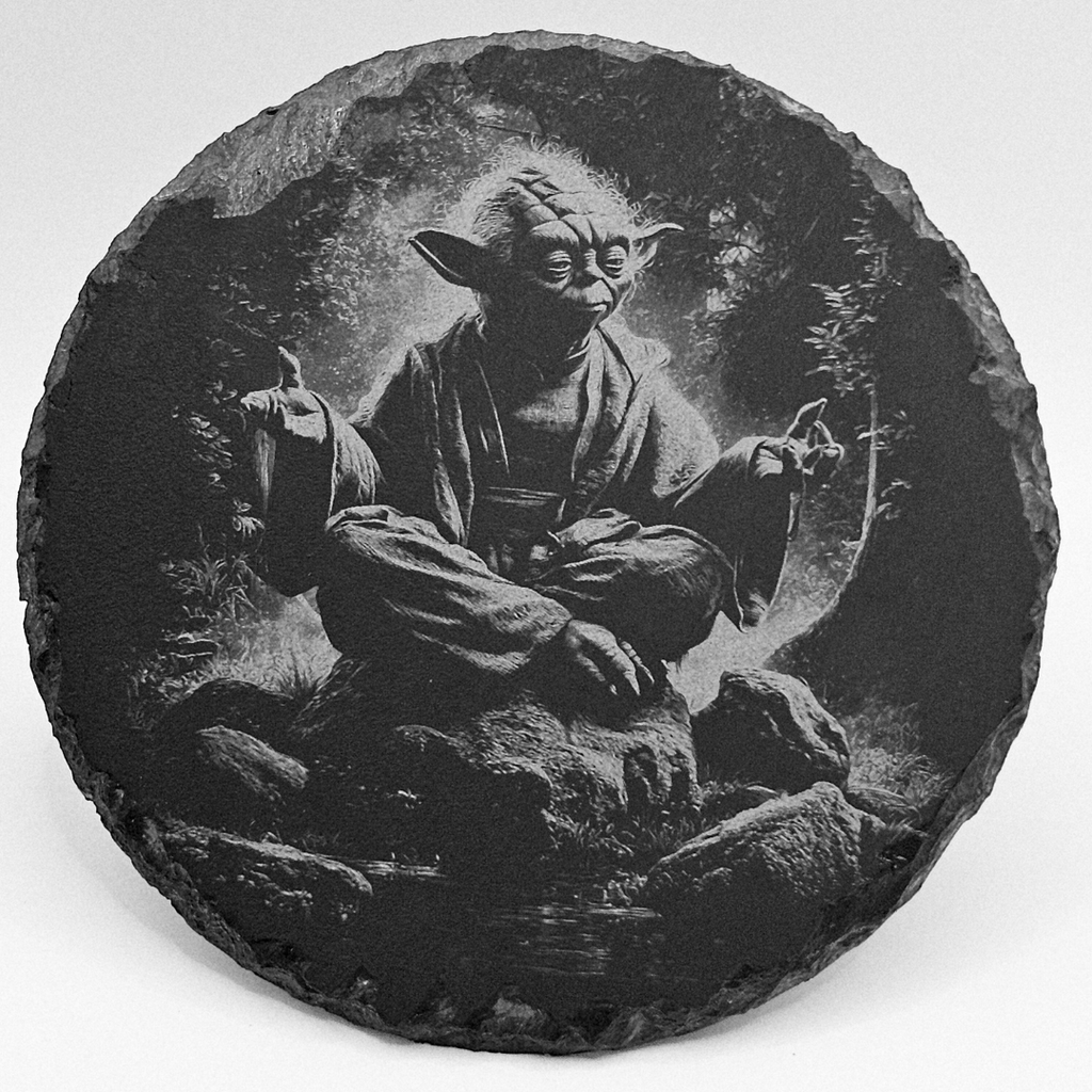 Round stone coaster with a depiction of Yoda from Star Wars on a white background
