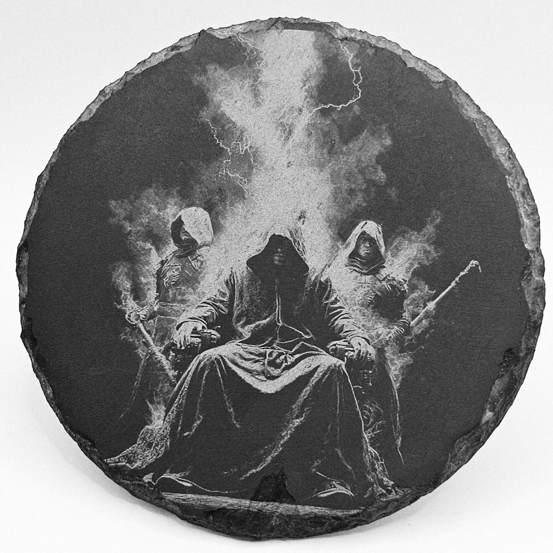 Decorative stone with engraved design of a hooded figure and two figures in the background on a white background