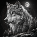 Wolf in a forest with a full moon in the background