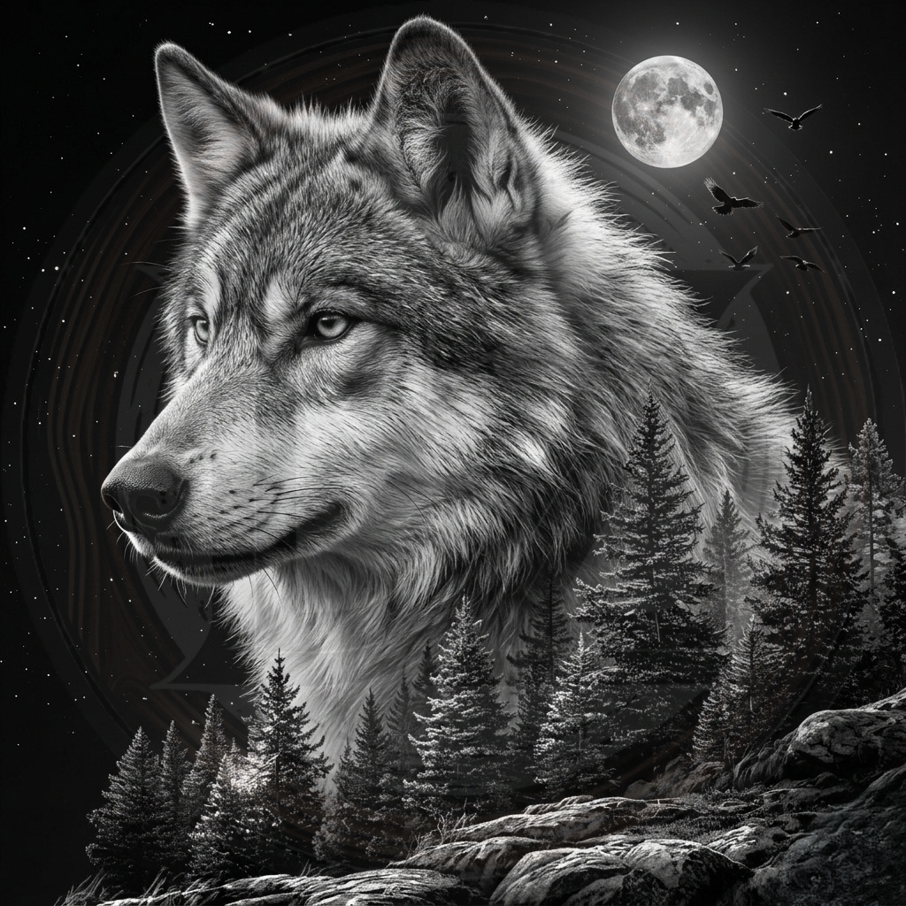 Wolf in a forest with a full moon in the background
