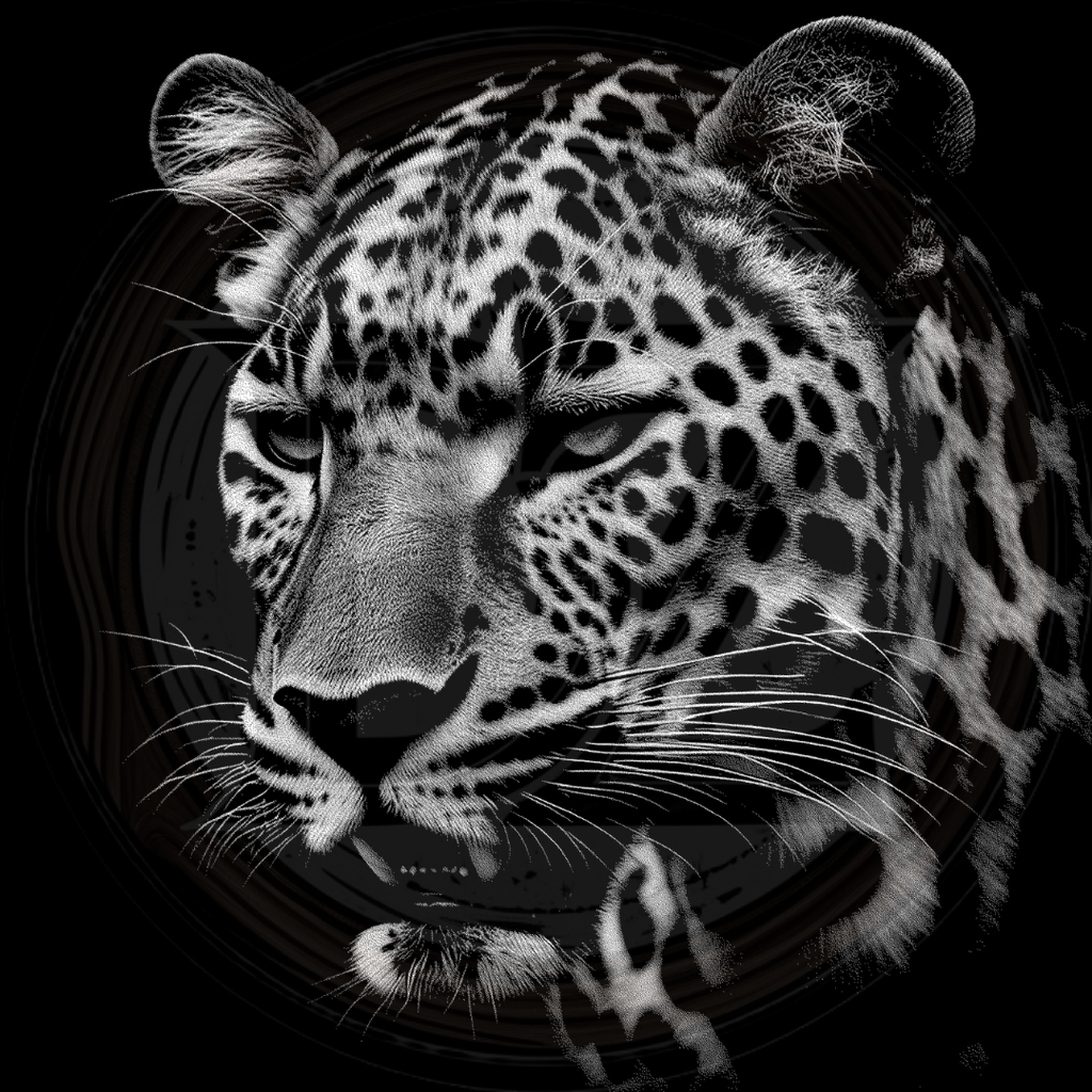 Black and white close-up of a leopard's face