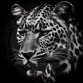 Black and white close-up of a leopard's face