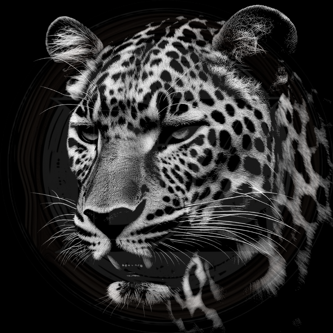Black and white close-up of a leopard's face