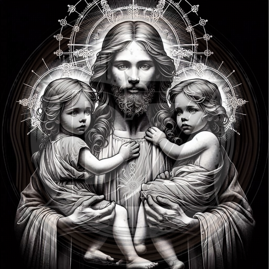 Jesus holding two children with intricate background