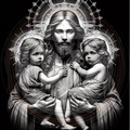 Jesus holding two children with intricate background