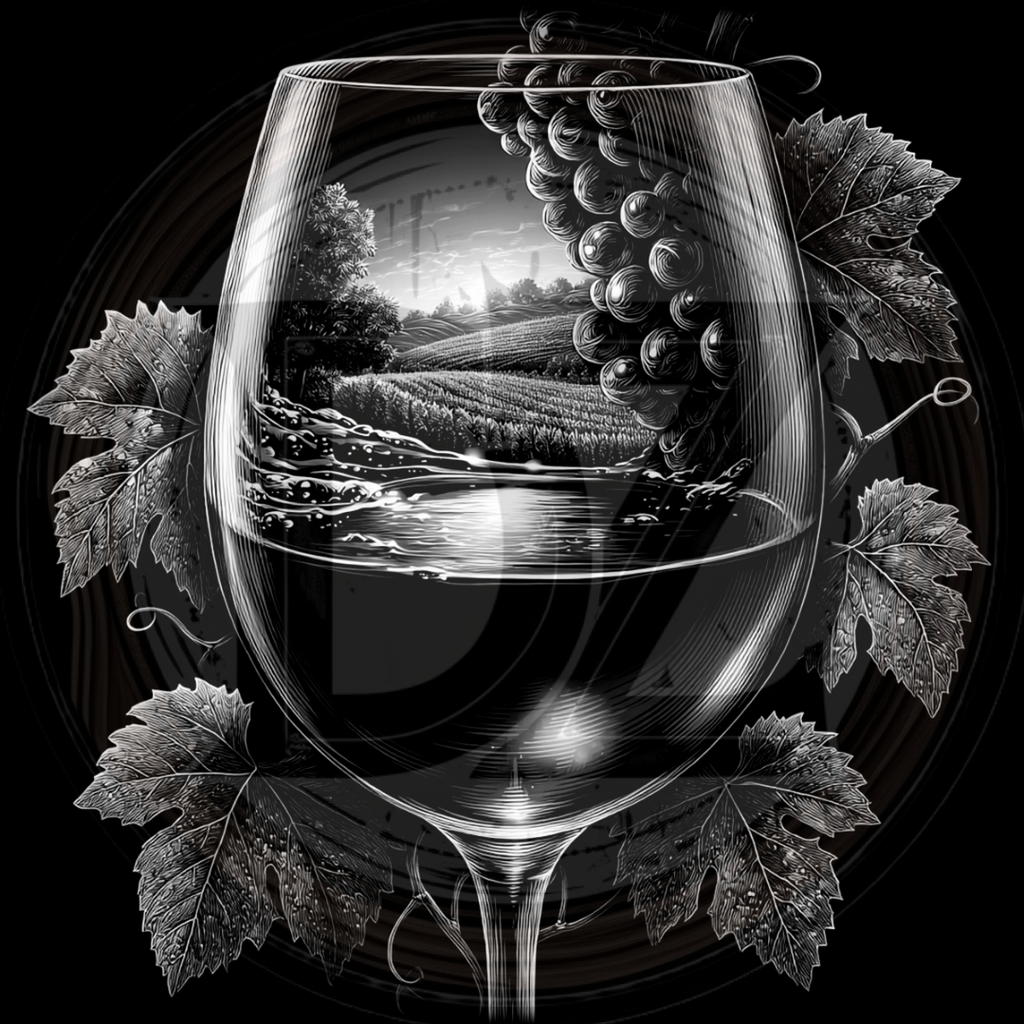 Wine glass with grapes and vineyard reflection, surrounded by leaves on a dark background