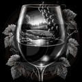 Wine glass with grapes and vineyard reflection, surrounded by leaves on a dark background
