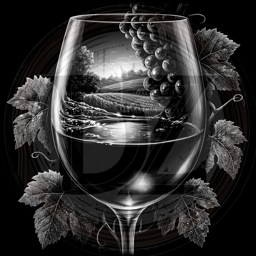 Wine glass with grapes and vineyard reflection, surrounded by leaves on a dark background