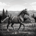 Black and white illustration of a horse running in a rural landscape with a windmill and cabin.