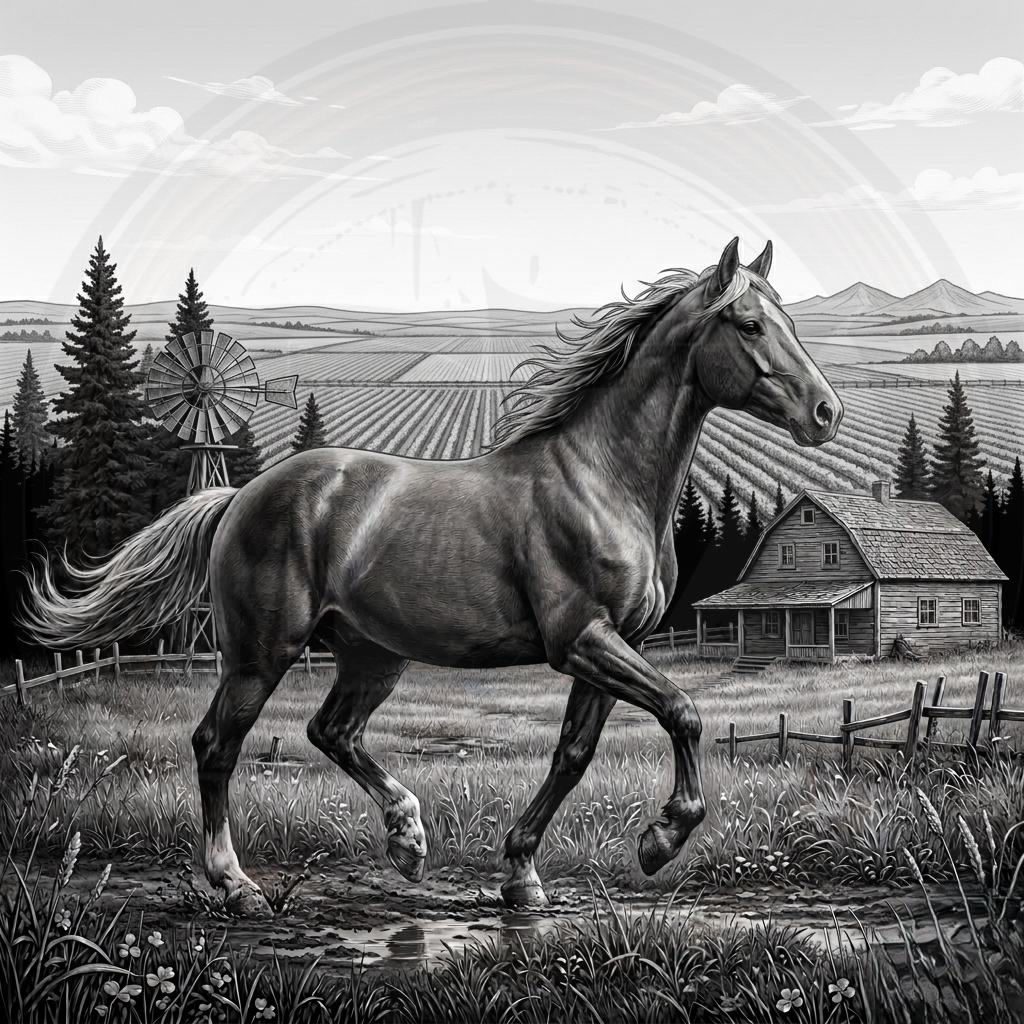 Black and white illustration of a horse running in a rural landscape with a windmill and cabin.