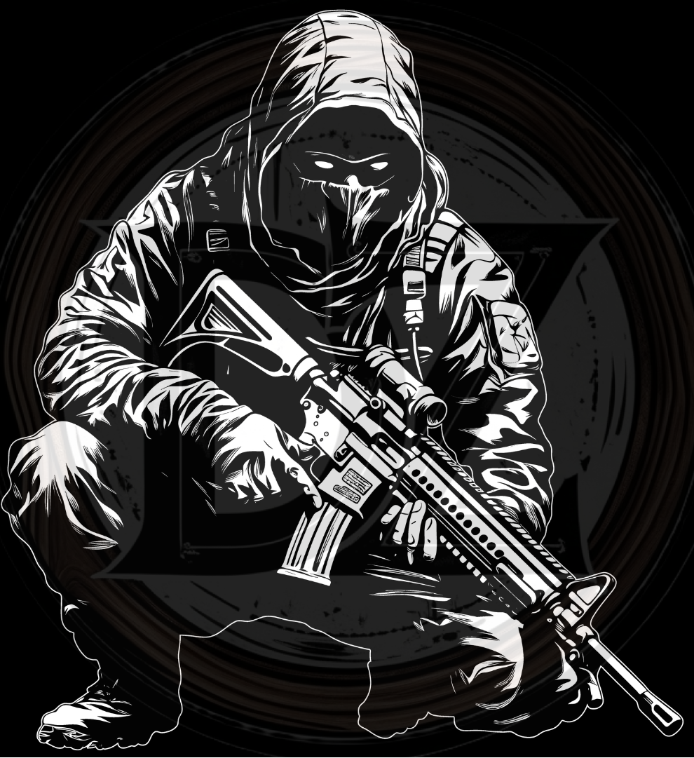 Black and white illustration of a hooded figure holding a rifle on a dark background