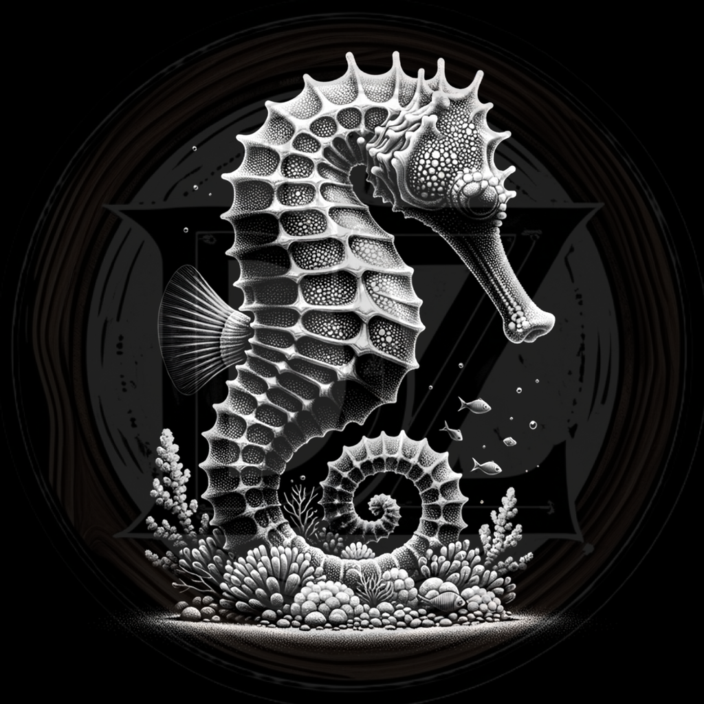 Black and white illustration of a seahorse with coral on a dark background