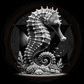 Black and white illustration of a seahorse with coral on a dark background