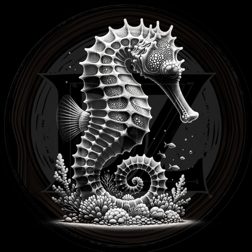 Black and white illustration of a seahorse with coral on a dark background