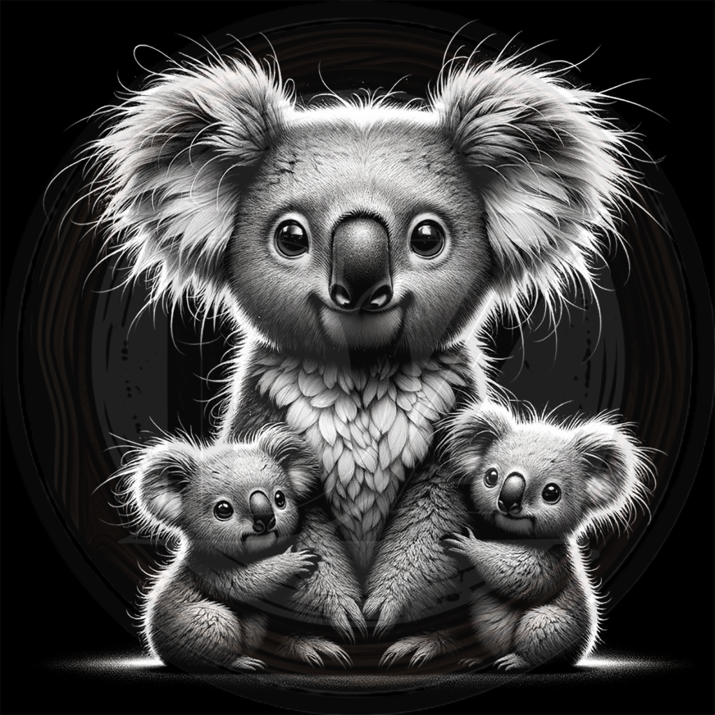 Black and white illustration of a koala with two baby koalas