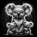 Black and white illustration of a koala with two baby koalas
