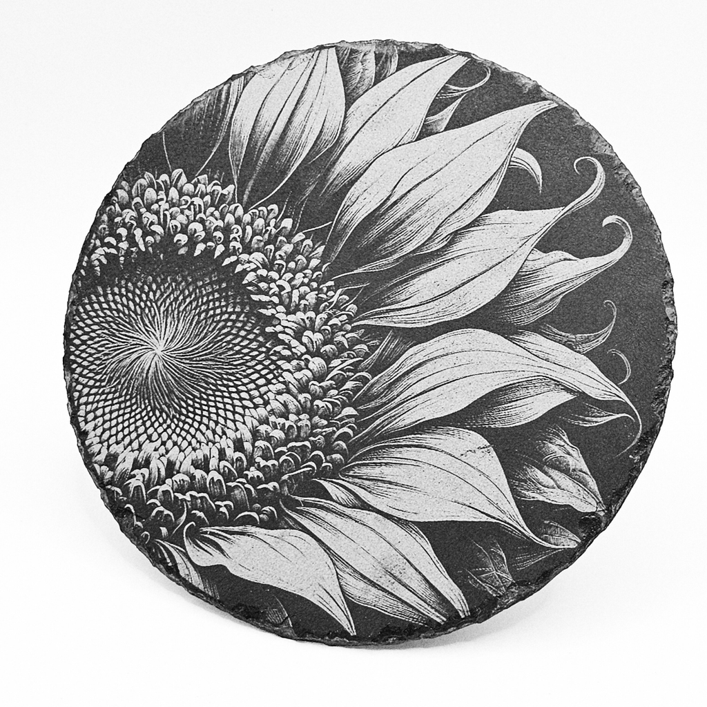 Black and white illustration of a sunflower on a circular background