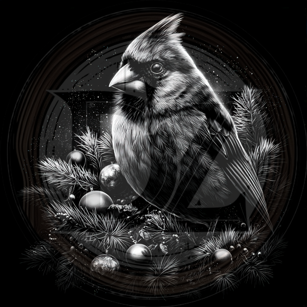 Black and white illustration of a cardinal bird with pine branches and berries on a dark background