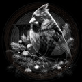 Black and white illustration of a cardinal bird with pine branches and berries on a dark background