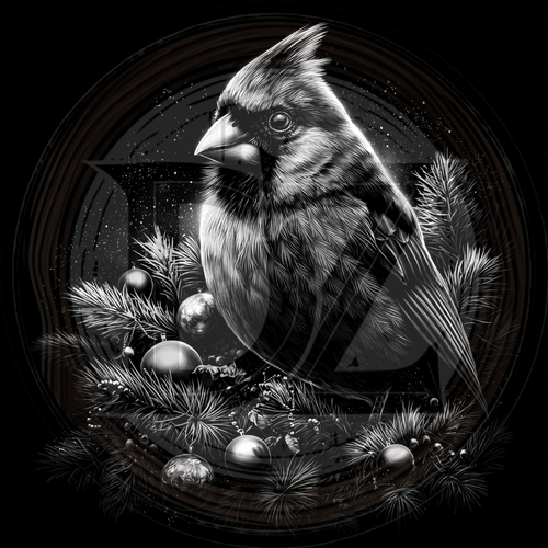 Black and white illustration of a cardinal bird with pine branches and berries on a dark background