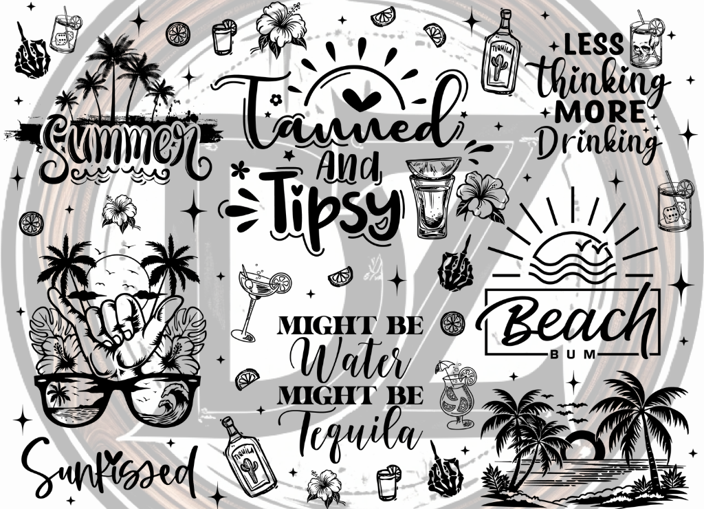 Beach-themed text and graphics in black and white.