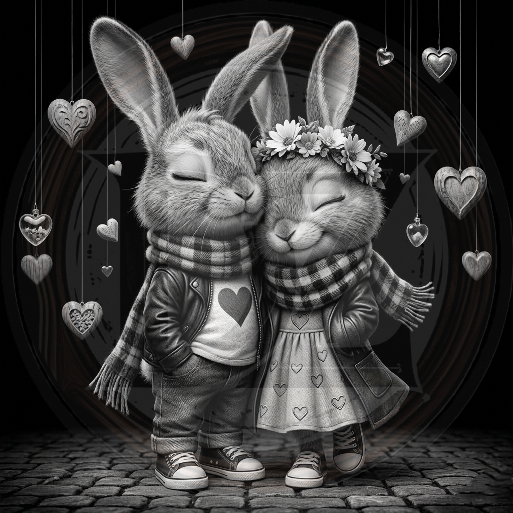 Two rabbits in love with hearts and a dark background