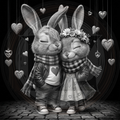 Two rabbits in love with hearts and a dark background