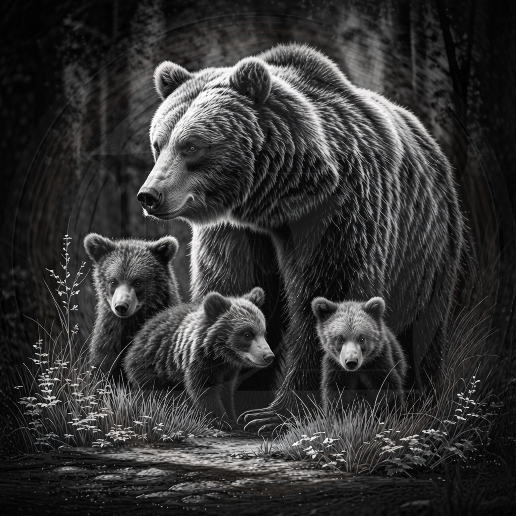 Black and white image of a bear with three cubs in a forest setting