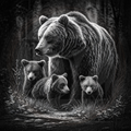 Black and white image of a bear with three cubs in a forest setting