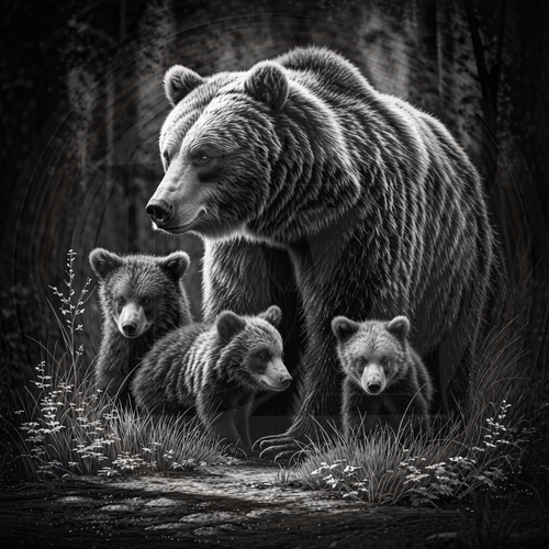 Black and white image of a bear with three cubs in a forest setting