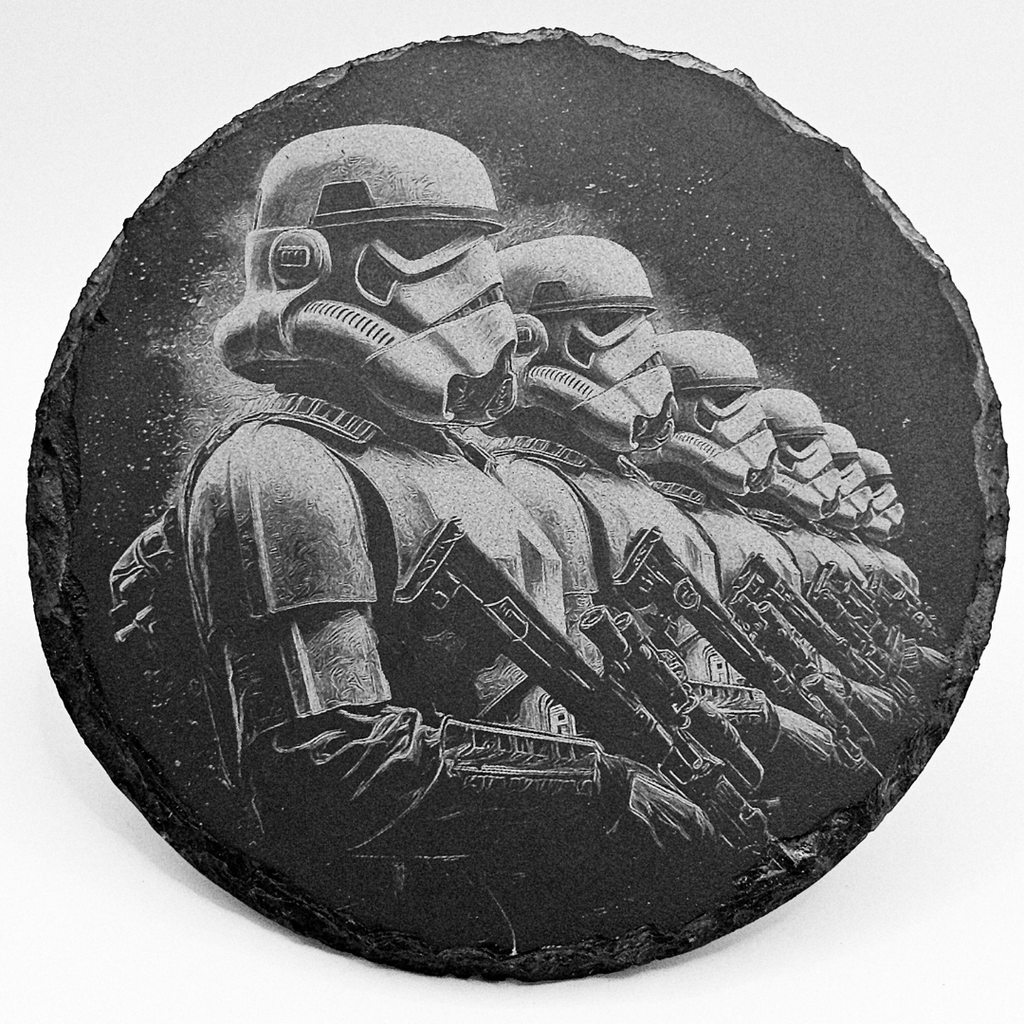 Decorative stone with engraved image of stormtroopers from Star Wars on a white background