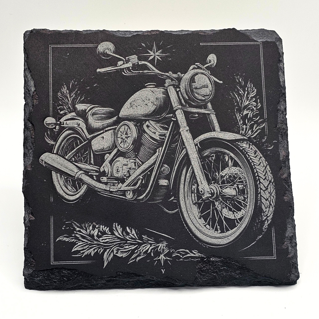 Slate coaster with a motorcycle engraving on a white background